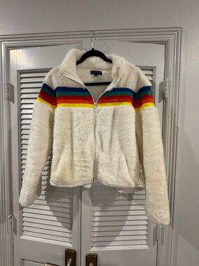 Cream Teddy Jacket with Rainbow Stripe Detail